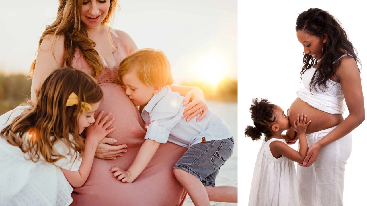 Sibling Hugging and Resting Head on Baby Bump